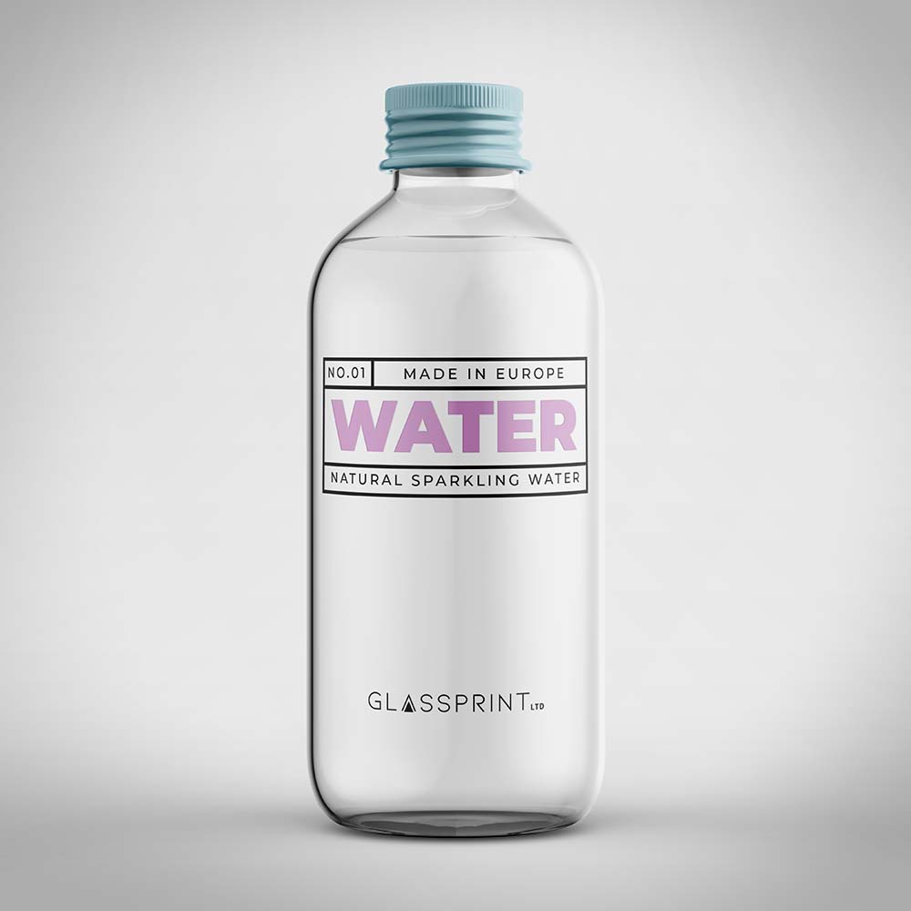 A clear glass water bottle with a personalised design