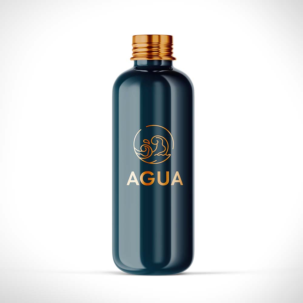 Dark blue and gold water bottle with agua and wave icon