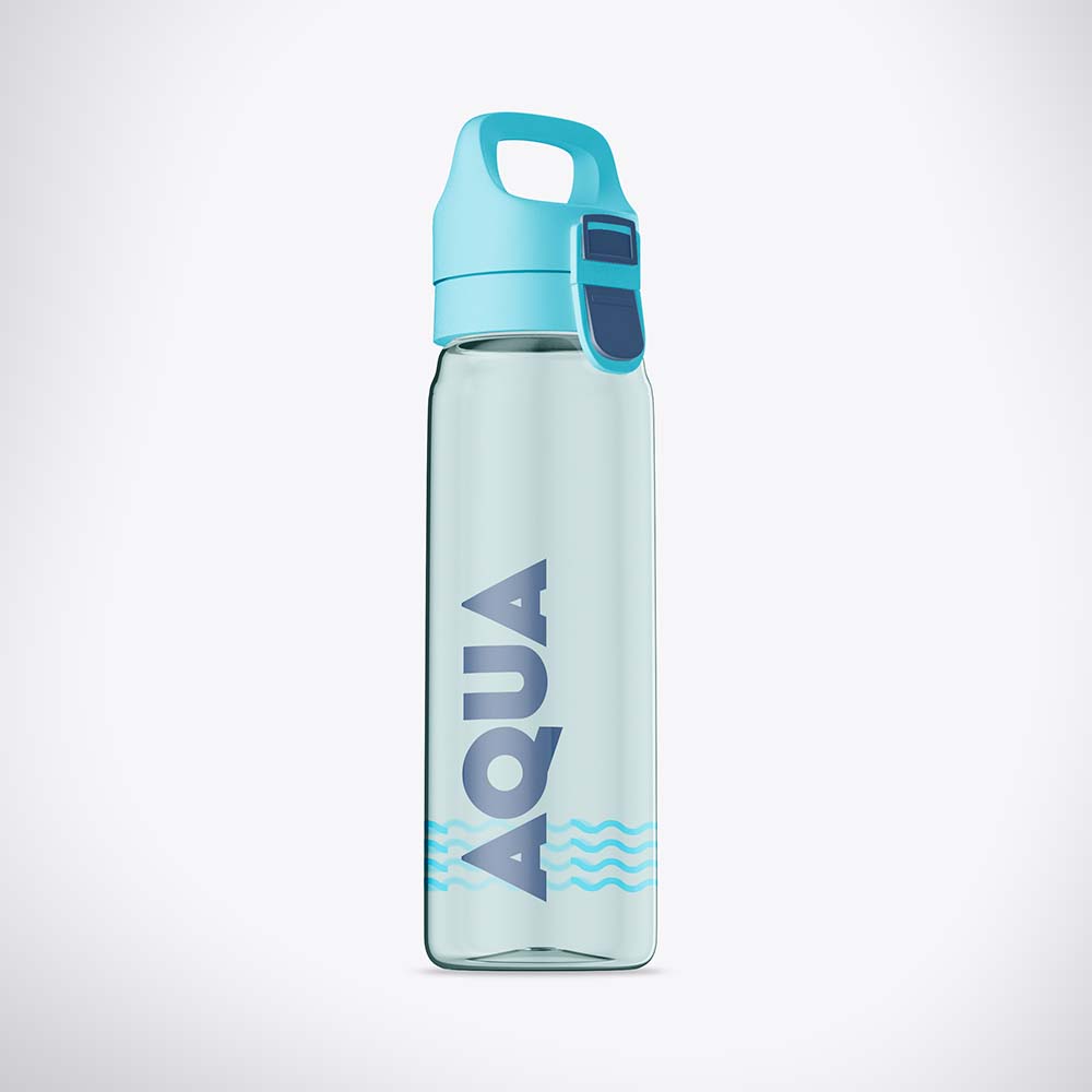 A clear glass sports bottle with a personalised design